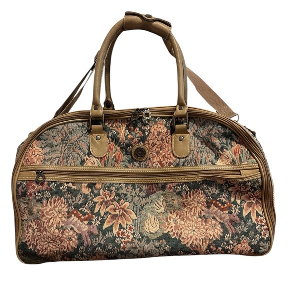 Capezio Handbags - Capezio Brown and Tan Travel Bag with Vintage Tapestry Design Tan Leather Trim.